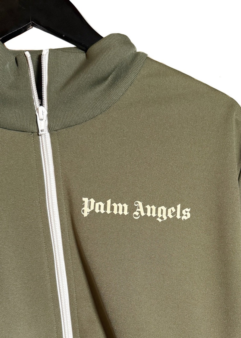 Brand on chest of Palm Angels Khaki Green Logo Track Sweater