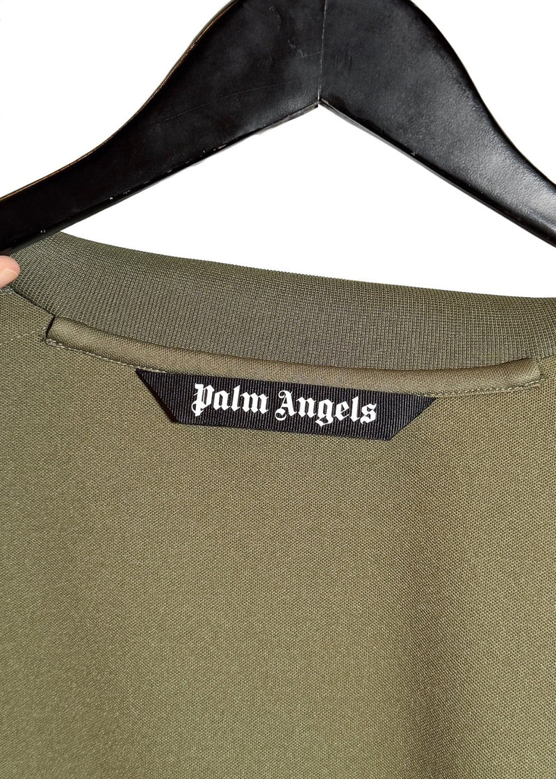 Brand label at collar of Palm Angels Khaki Green Logo Track Sweater