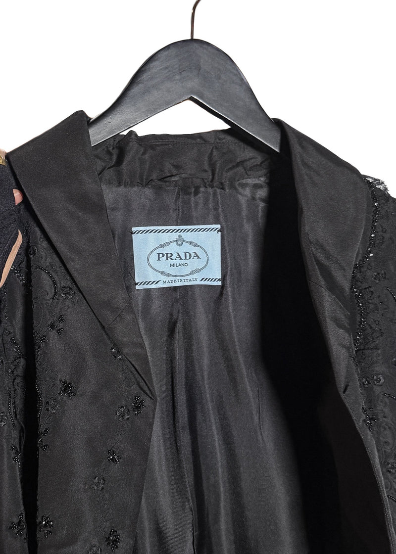 Collar area of Prada 2016 Black Floral Embroidered Lace Silk Duster Coat