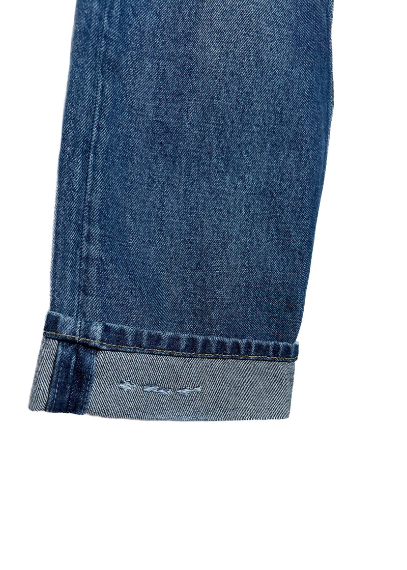 Close-up on a cuff with a folded hem, and distressed detailing of Prada 2021 Washed Blue Triangle Logo Straight Leg Jeans