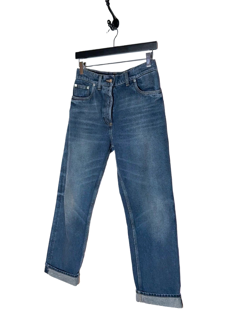 Front side of Prada 2021 Washed Blue Triangle Logo Straight Leg Jeans