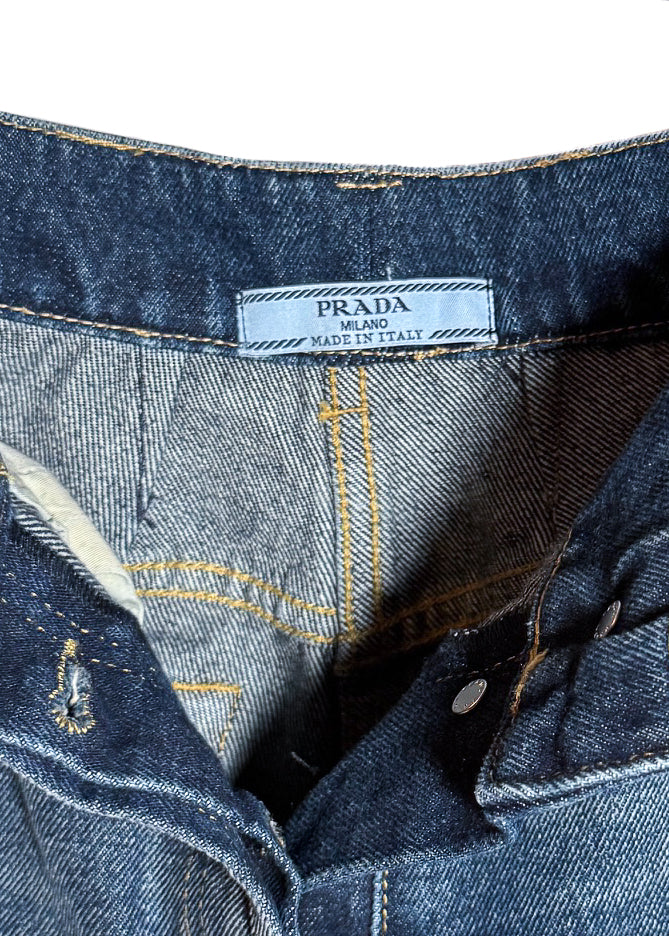 Brand and origin label of Prada 2021 Washed Blue Triangle Logo Straight Leg Jeans