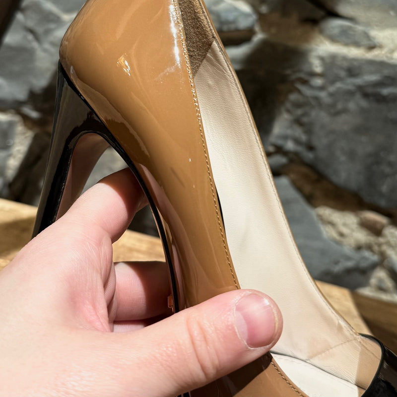 Scuffs on one Prada Beige Black Patent Open Toe Pumps