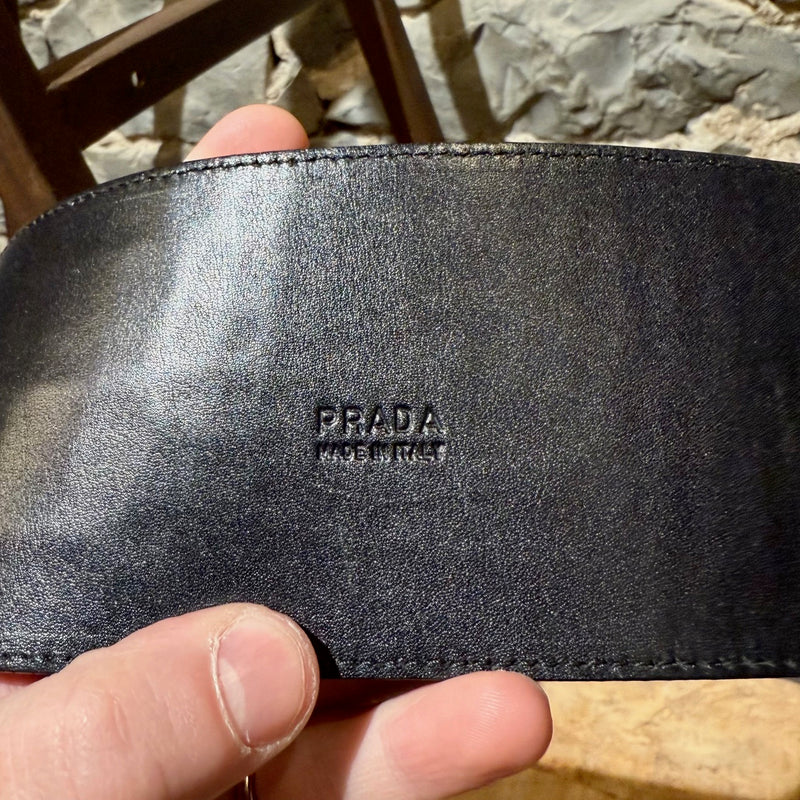 Embossed stamp of brand and origin of Prada Black Croc Embossed Wide Belt