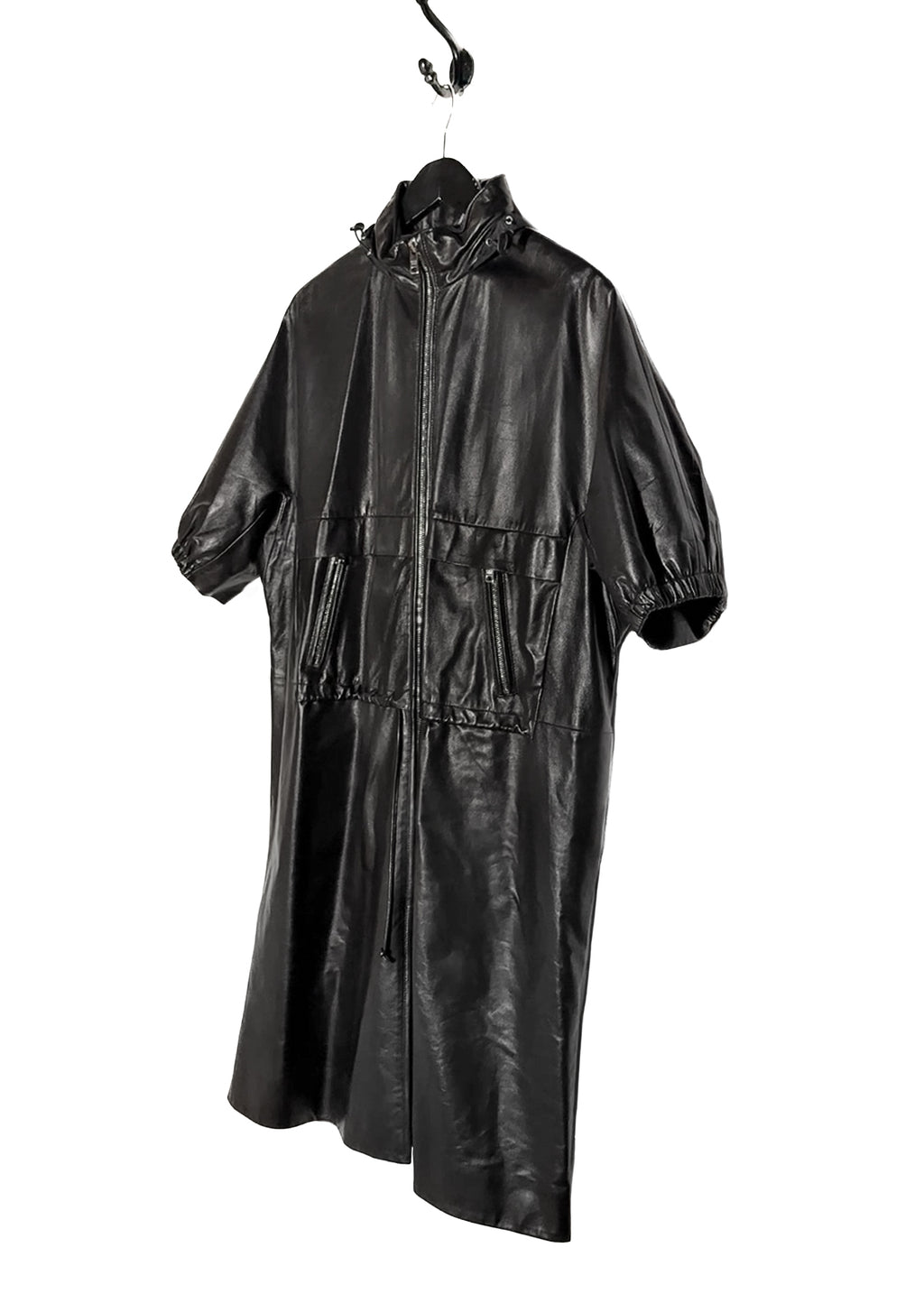 Front side of Prada Black Leather Nylon Lined Crop Sleeves Trench Coat