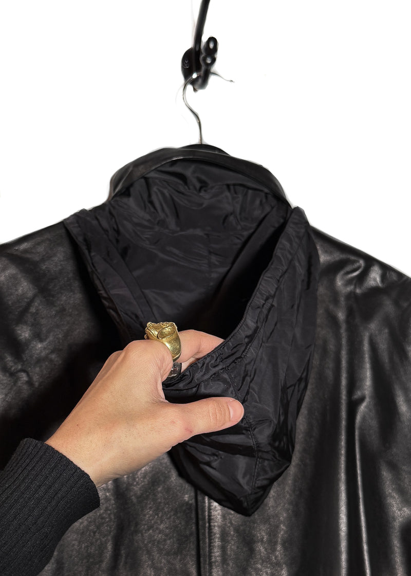 Concealed hood of Prada Black Leather Nylon Lined Crop Sleeves Trench Coat