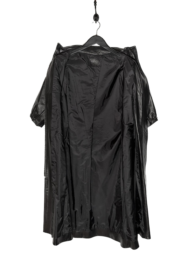 Opened interior of Prada Black Leather Nylon Lined Crop Sleeves Trench Coat