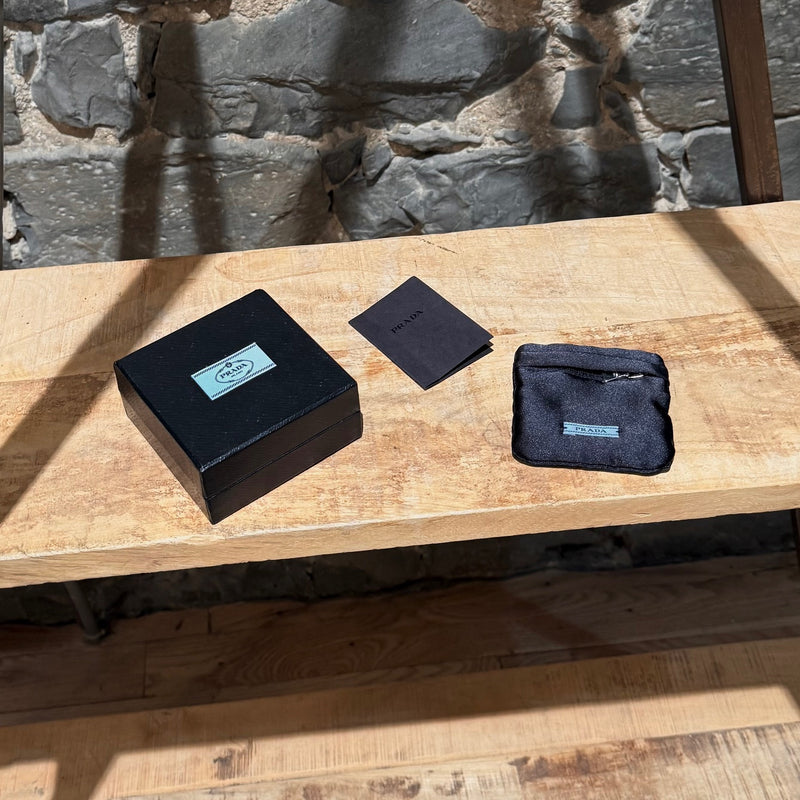 Prada Round Ivory Saffiano Leather Drop Crystal Earrings