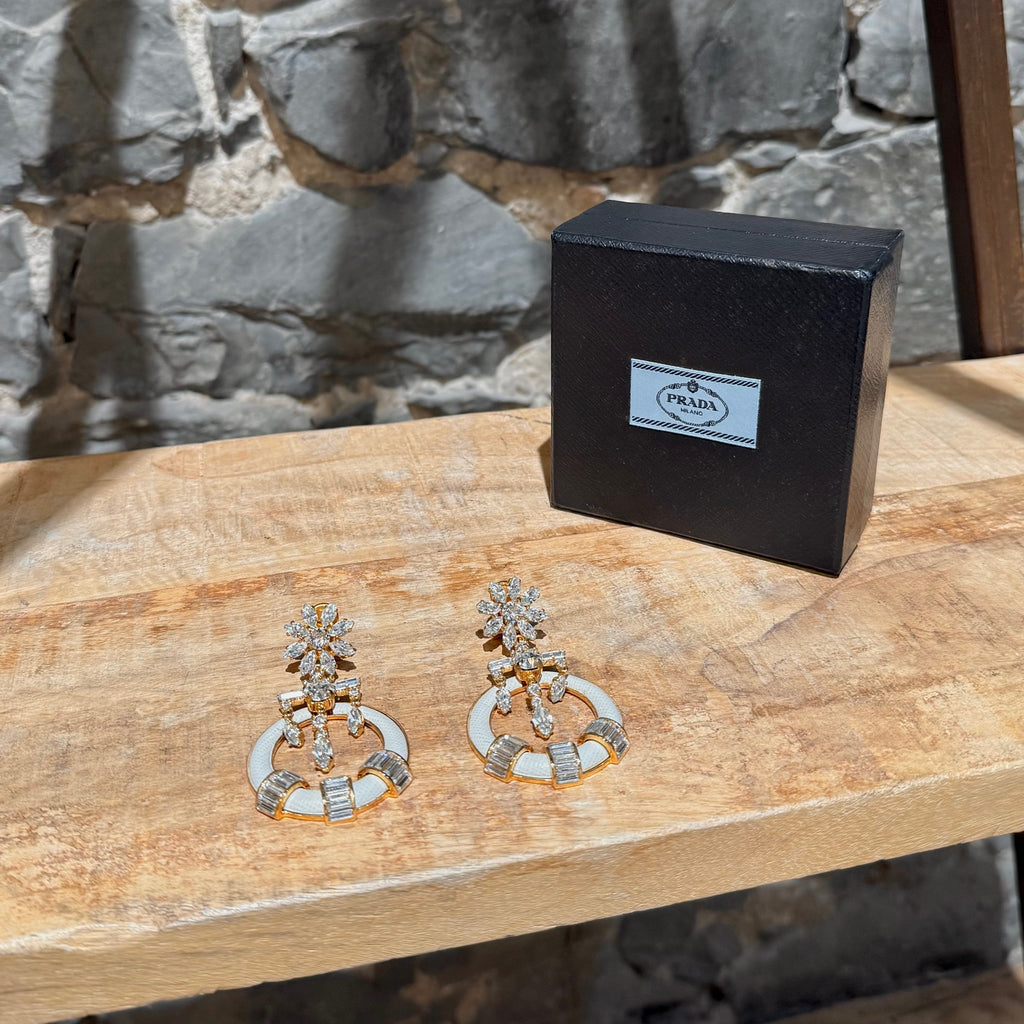 Prada Round Ivory Saffiano Leather Drop Crystal Earrings