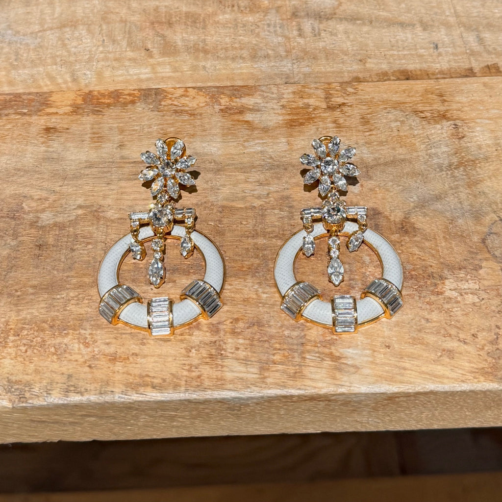 Prada Round Ivory Saffiano Leather Drop Crystal Earrings