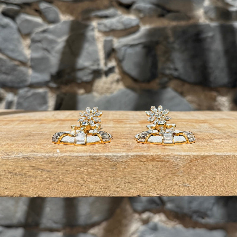 Prada Round Ivory Saffiano Leather Drop Crystal Earrings