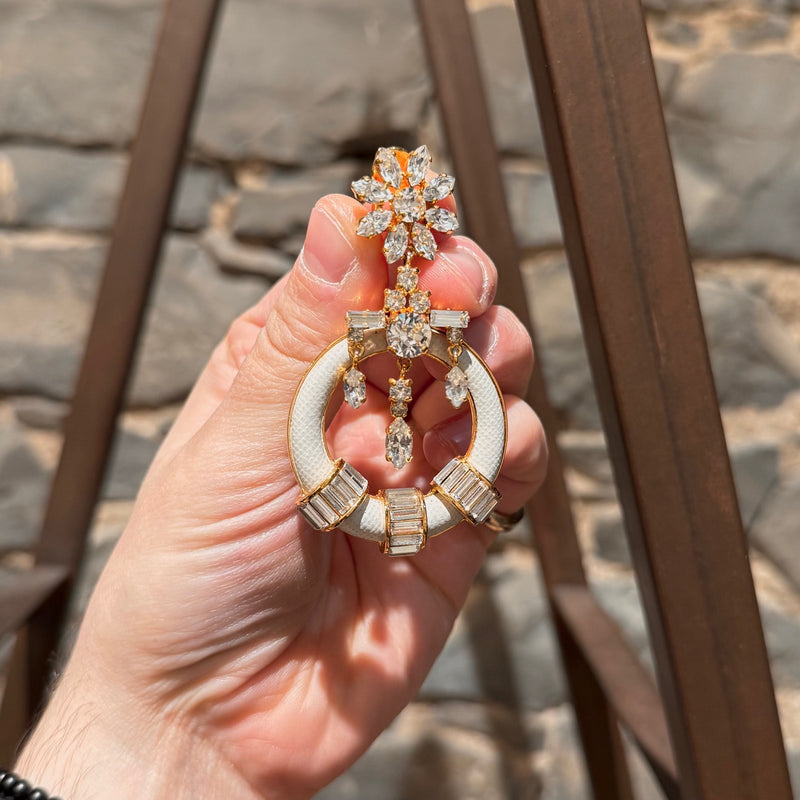 Prada Round Ivory Saffiano Leather Drop Crystal Earrings