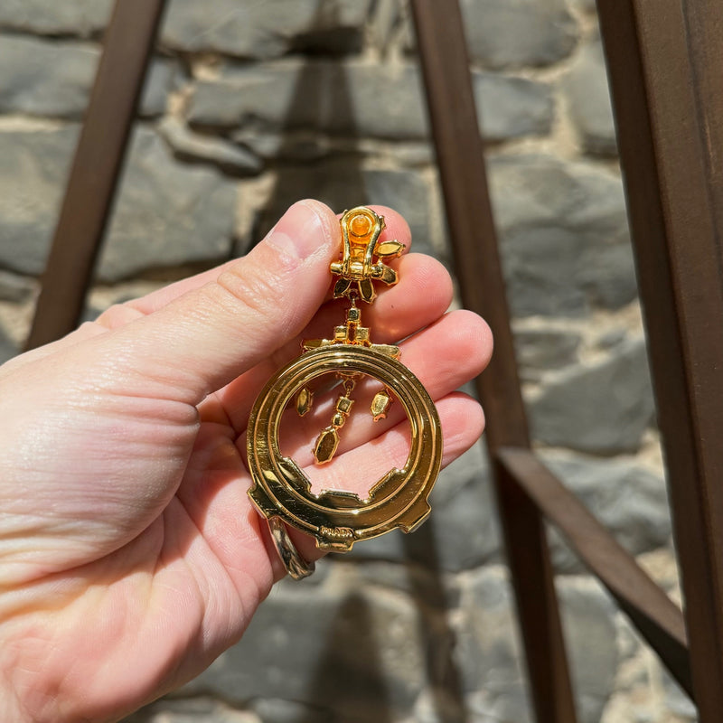 Prada Round Ivory Saffiano Leather Drop Crystal Earrings