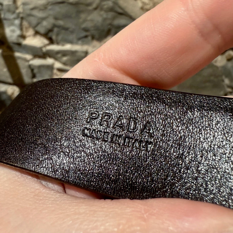 Band and origin stamp of Prada Grey Leather Logo Buckle Belt