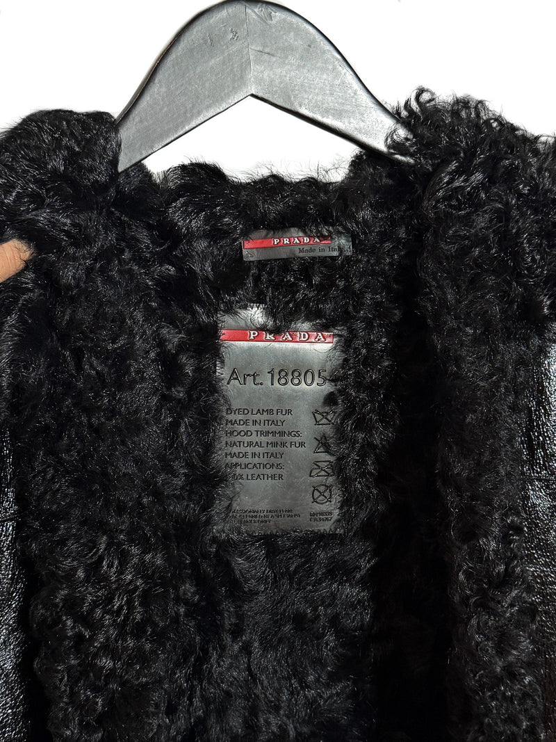 Collar area of Prada Linea Rossa Black Patent Leather Lamb Fur Mink Accent Hooded Vest