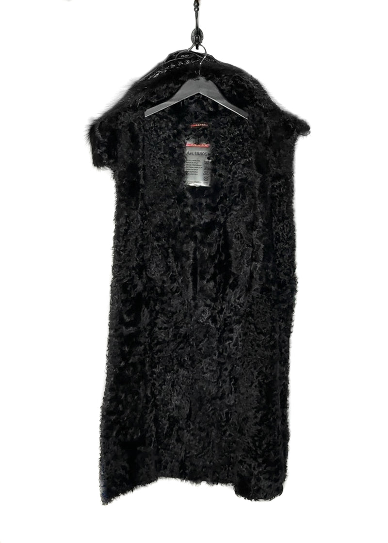 Opened interior of Prada Linea Rossa Black Patent Leather Lamb Fur Mink Accent Hooded Vest