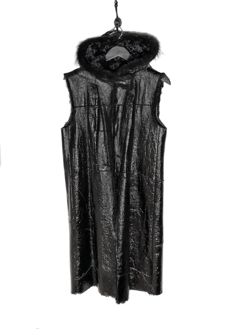 Main photo of Prada Linea Rossa Black Patent Leather Lamb Fur Mink Accent Hooded Vest