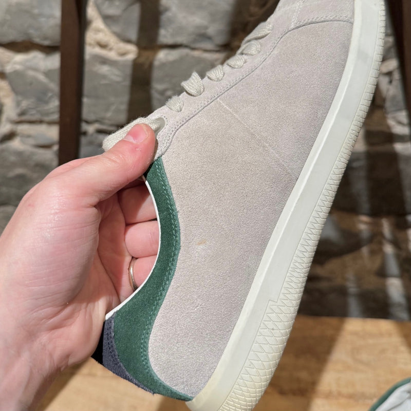 Prada Linea Rossa light grey suede low-top sneakers with green accents, showing details, wear, and branding.