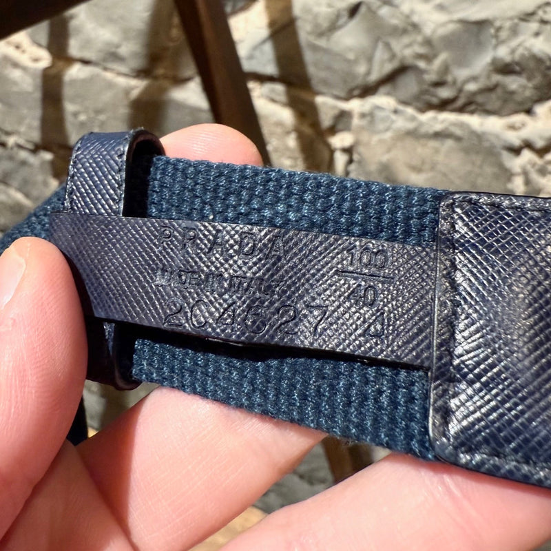 Prada Navy Striped Nylon Logo Slide Buckle Belt