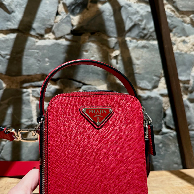 Prada Red Saffiano Lux Leather Brique Vertical Crossbody Bag