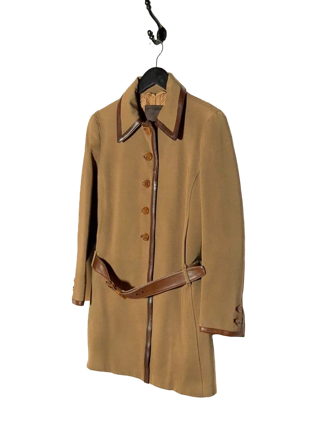 Front side of Prada Vintage Ochre Beige Leather Trim Belted Jacket