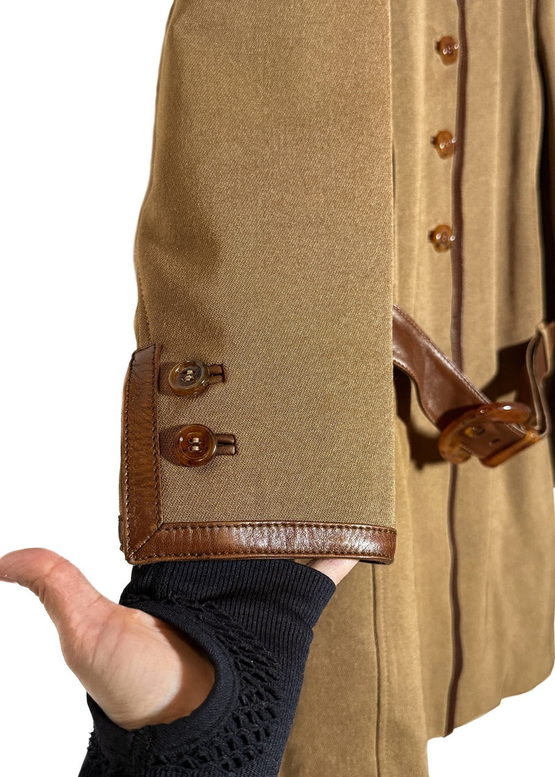 A cuff of Prada Vintage Ochre Beige Leather Trim Belted Jacket