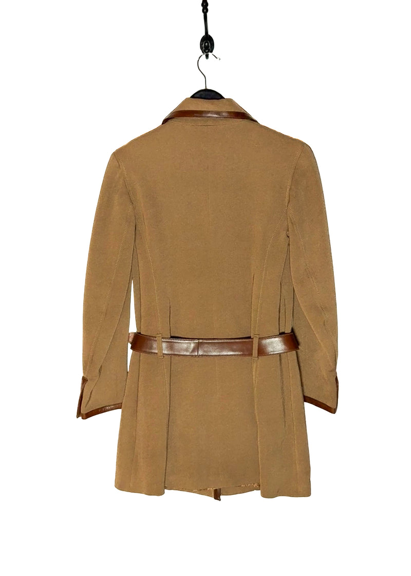 Back of Prada Vintage Ochre Beige Leather Trim Belted Jacket