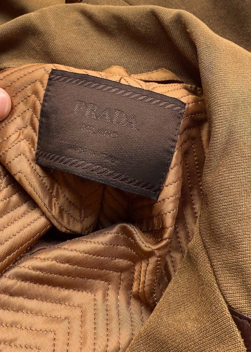 Brand patch of Prada Vintage Ochre Beige Leather Trim Belted Jacket