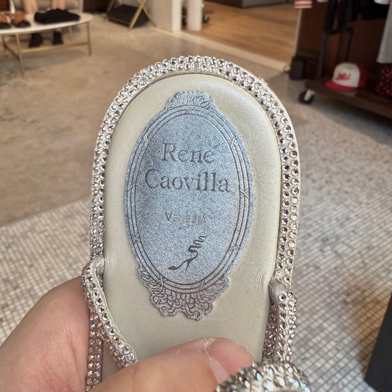 Branded Insole of René Caovilla Metallic Silver Crystal Embellished Diana Thong Sandals