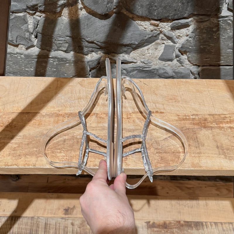 Side-by-side view of René Caovilla Metallic Silver Crystal Embellished Diana Thong Sandals