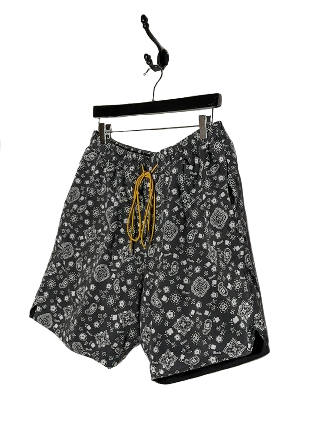 Front side of Rhude Black White Bandana Pattern Sergé Shorts