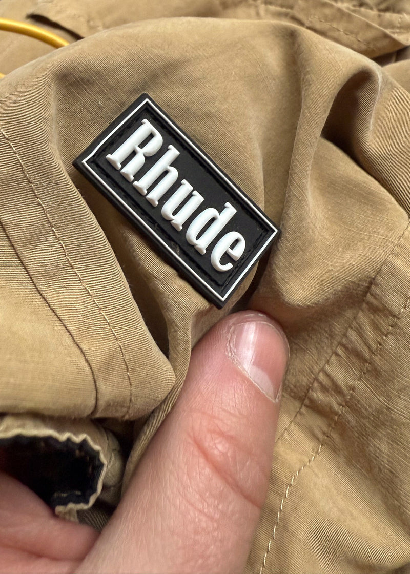 Brand patch of Rhude Fighter Flight Beige Cotton Blend Drawstring Shorts