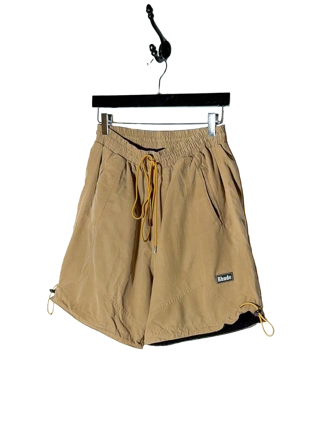 Front side of Rhude Fighter Flight Beige Cotton Blend Drawstring Shorts