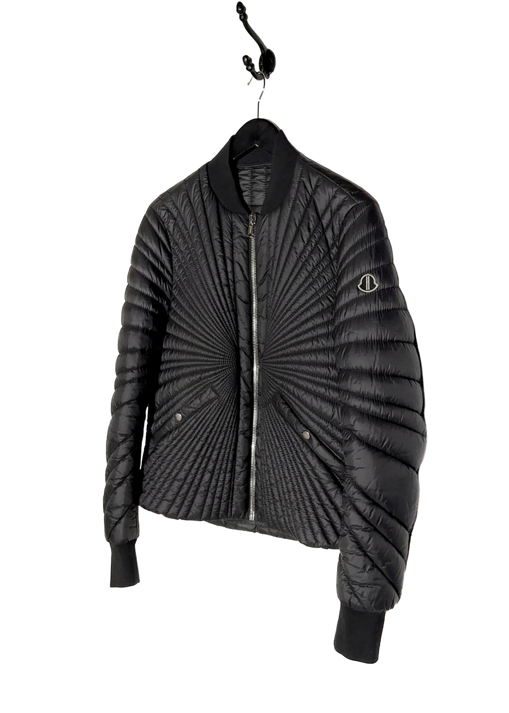 Side front of Rick Owens X Moncler Black Angle Down Bomber Jacket