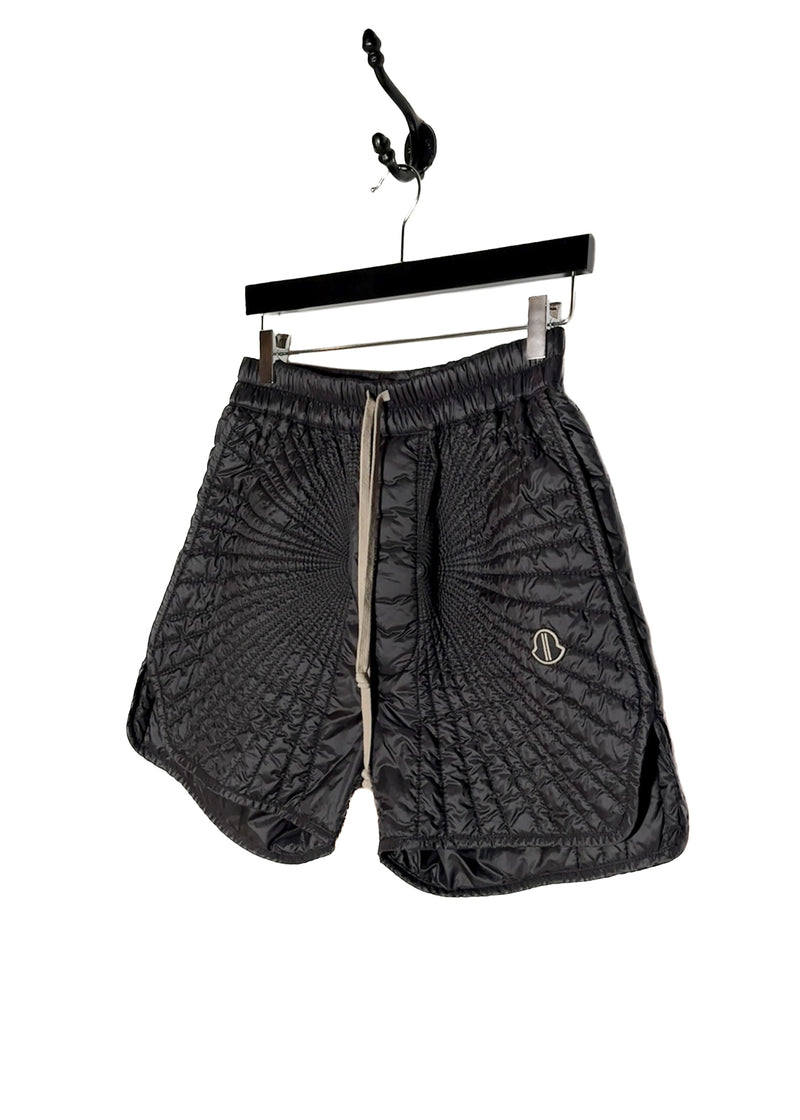 Side front of Rick Owens X Moncler Black Quilted Boxer Shorts