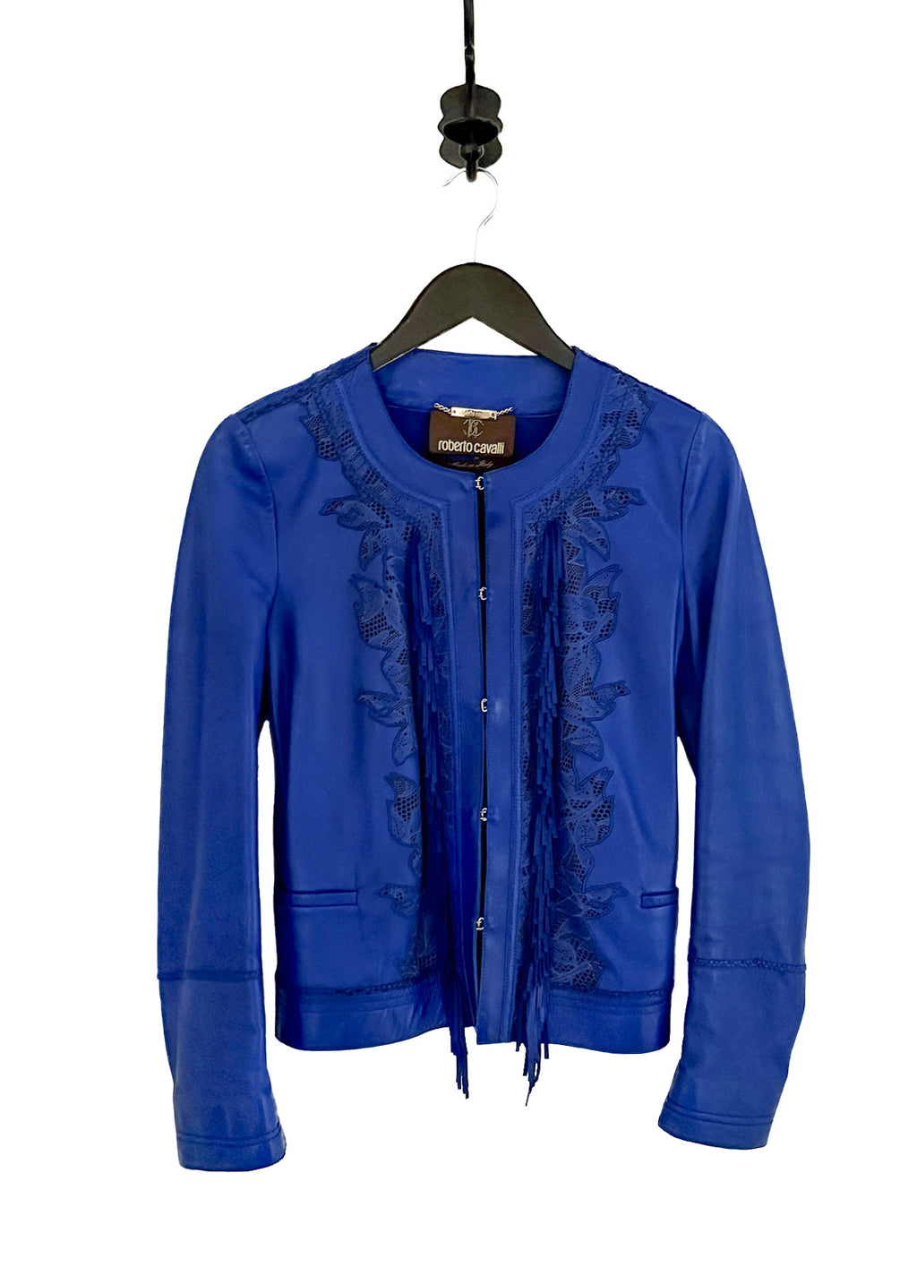 Main photo of Roberto Cavalli Royal Blue Leather Fringed Perforated Jacket