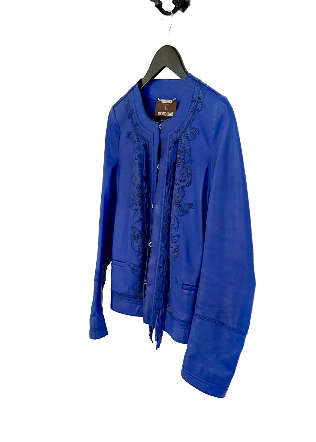 Side front view of Roberto Cavalli Royal Blue Leather Fringed Perforated Jacket