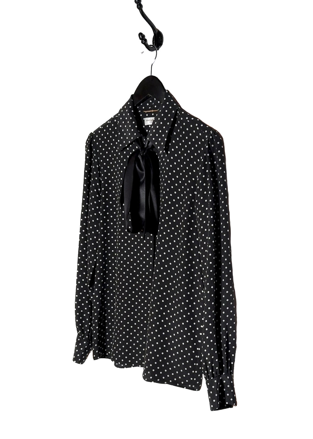 Angle of Saint Laurent 2021 Black Polka Dot Silk Pussy Bow Blouse