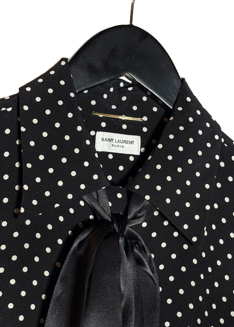 Brand Label of Saint Laurent 2021 Black Polka Dot Silk Pussy Bow Blouse