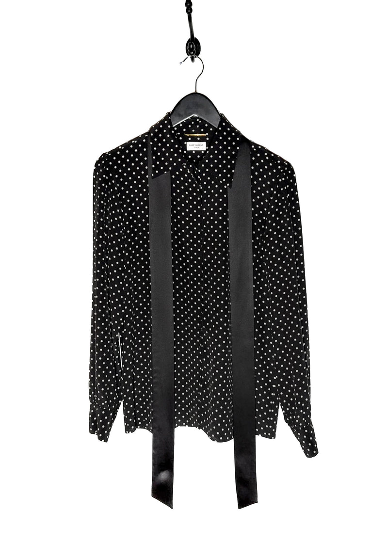 Unbowed photo of Saint Laurent 2021 Black Polka Dot Silk Pussy Bow Blouse