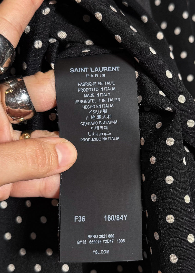 Size and origin label of Saint Laurent 2021 Black Polka Dot Silk Pussy Bow Blouse