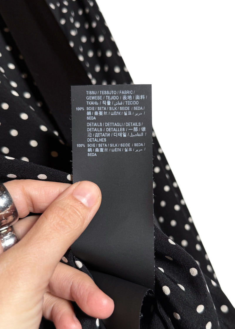 Material label of Saint Laurent 2021 Black Polka Dot Silk Pussy Bow Blouse