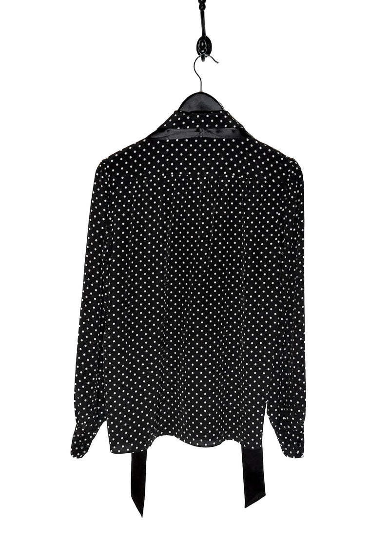 Back of Saint Laurent 2021 Black Polka Dot Silk Pussy Bow Blouse