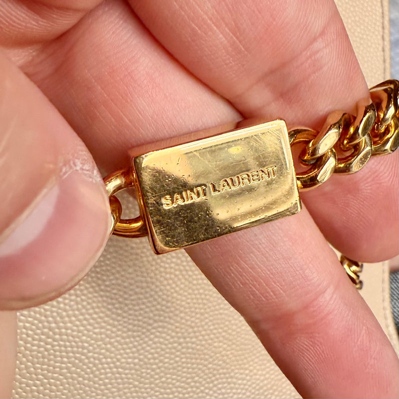 Branded hardware of Saint Laurent Beige Grain de Poudre Medium Kate Chain Bag