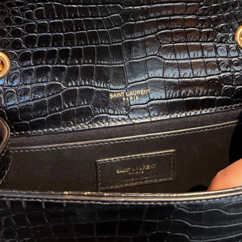Saint Laurent Black Croc Embossed Small Kate Tassle Chain Bag