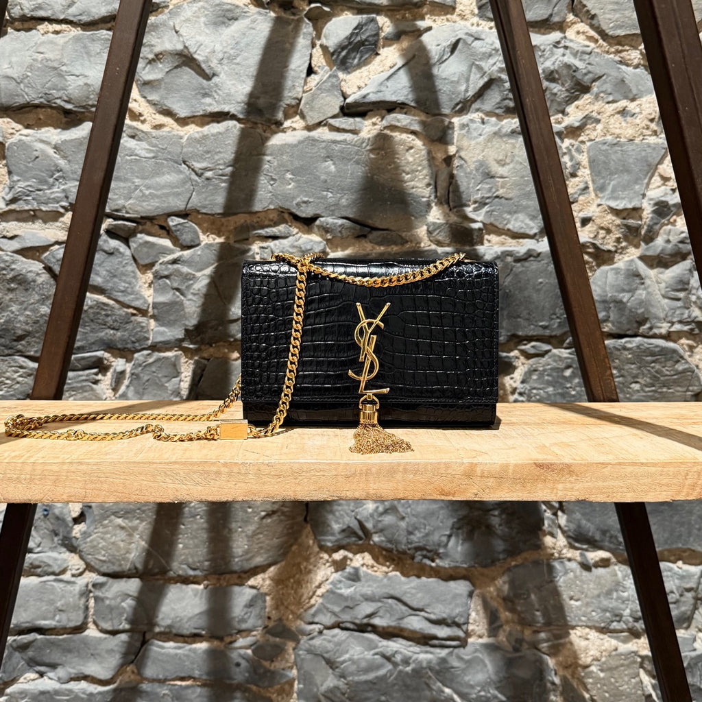 Saint Laurent Black Croc Embossed Small Kate Tassle Chain Bag