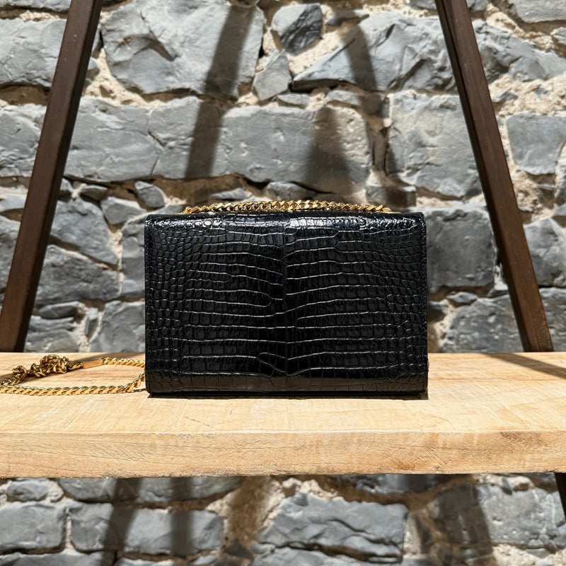 Saint Laurent Black Croc Embossed Small Kate Tassle Chain Bag