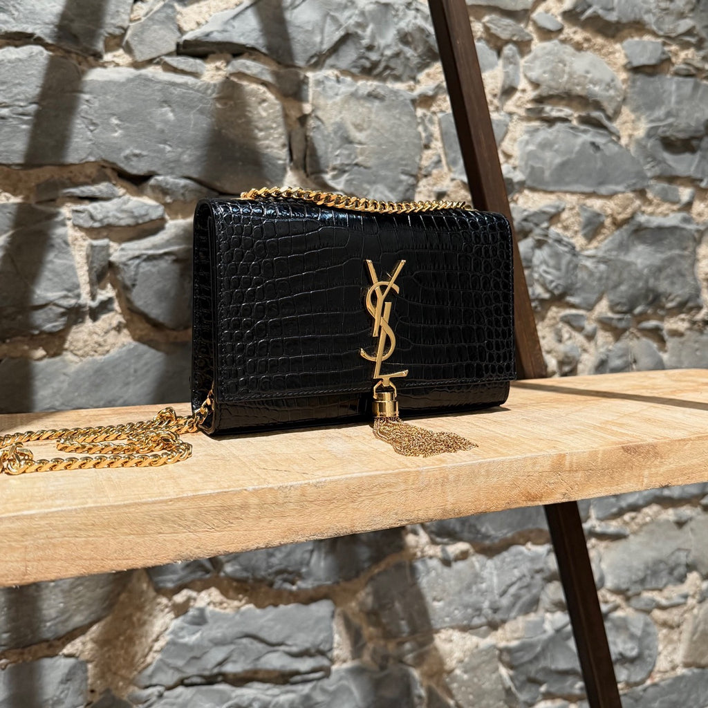 Saint Laurent Black Croc Embossed Small Kate Tassle Chain Bag
