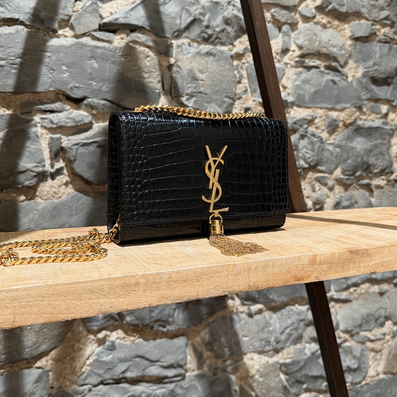 Saint Laurent Black Croc Embossed Small Kate Tassle Chain Bag