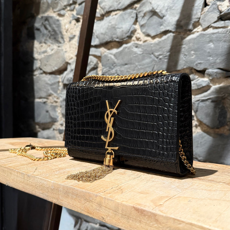 Saint Laurent Black Croc Embossed Small Kate Tassle Chain Bag